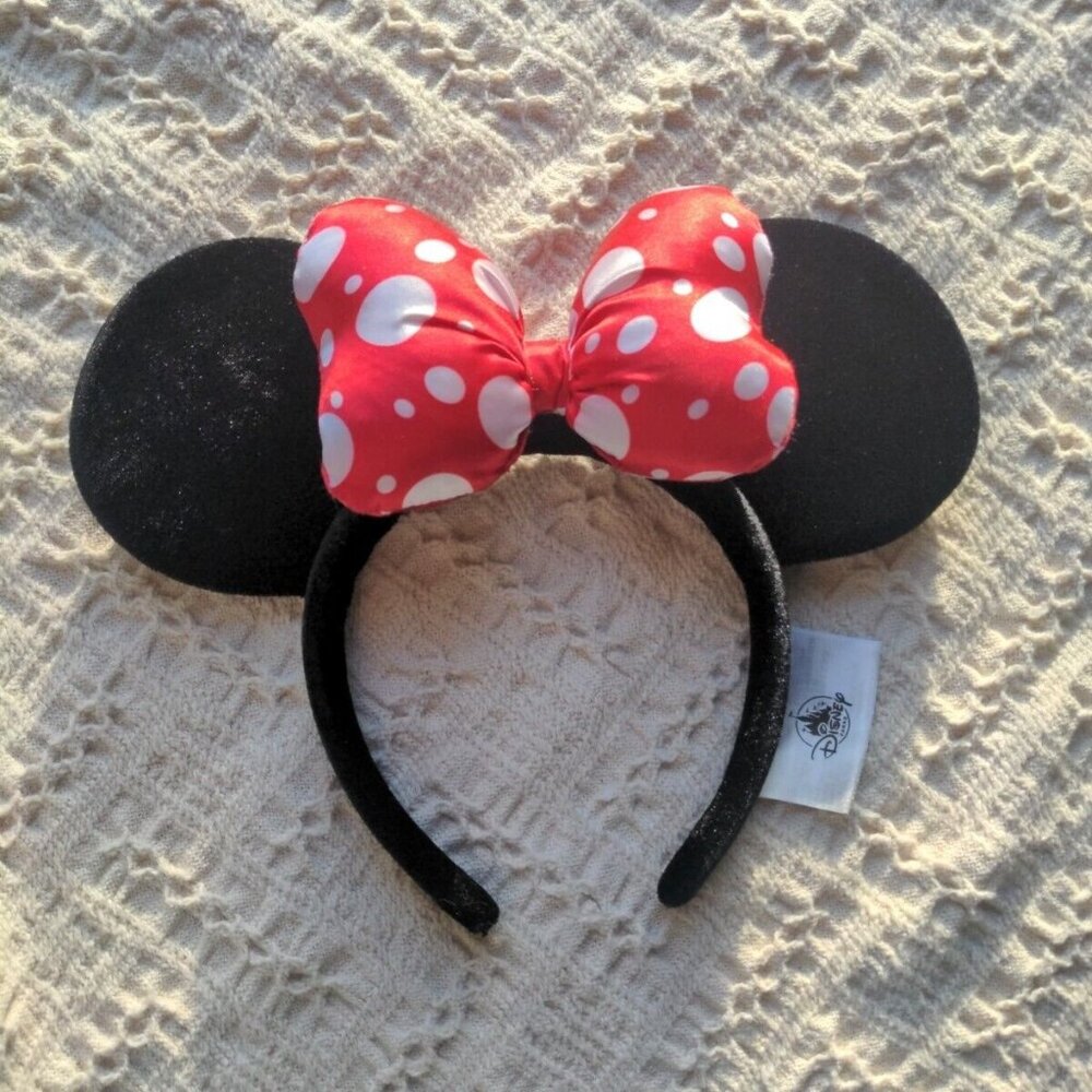 Disney Parks Minnie Mouse Red Polka Dot Puffy Bow Velvet Ears Headband